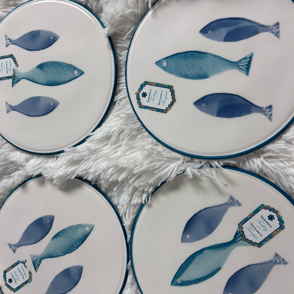 X4 Papart Seramik PLATES Blue Aqua Fish Coastal Nautical Turkish set New